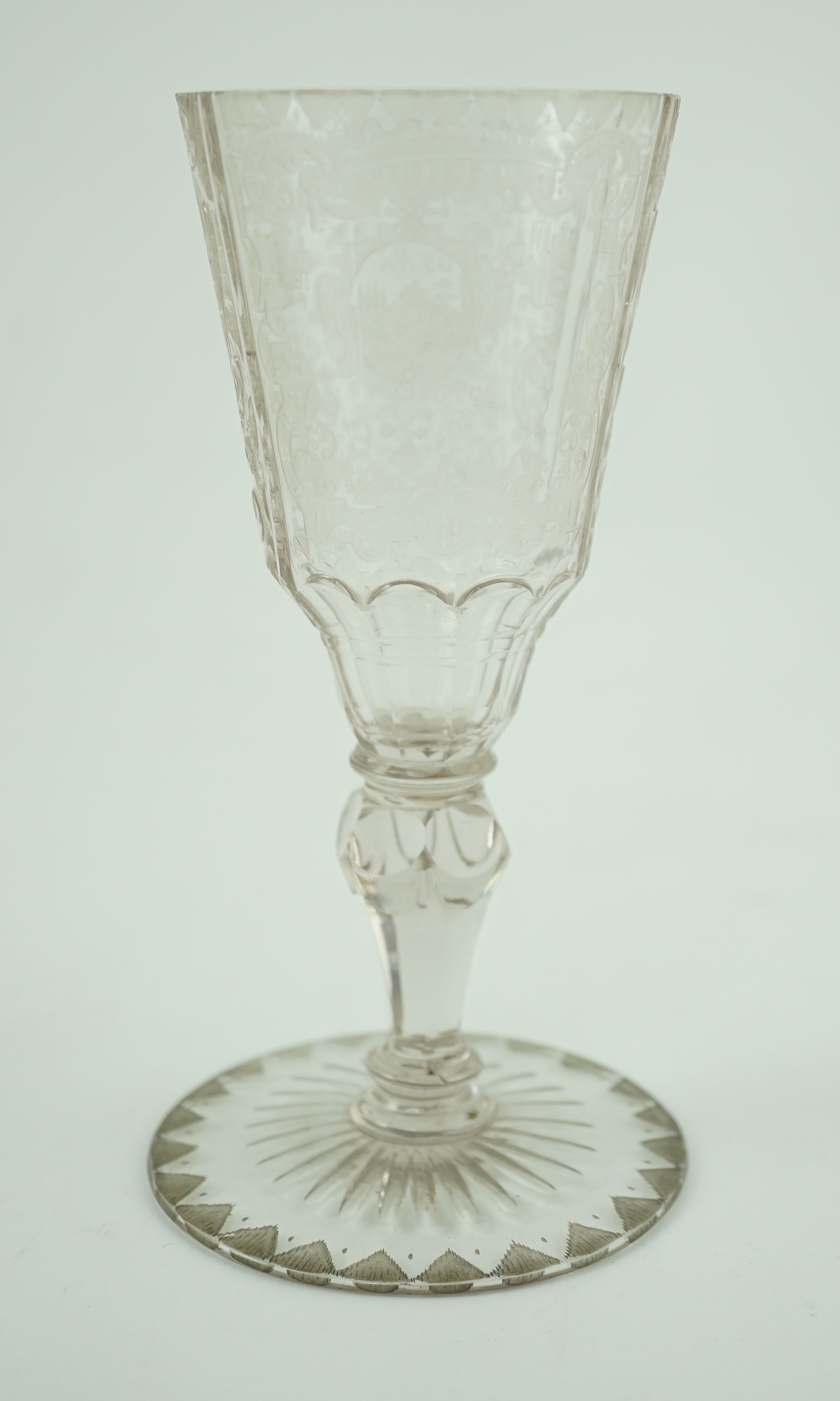 A Silesian wheel engraved glass goblet, c.1760, possibly made in Szklarska Poreba, 16.7cm high